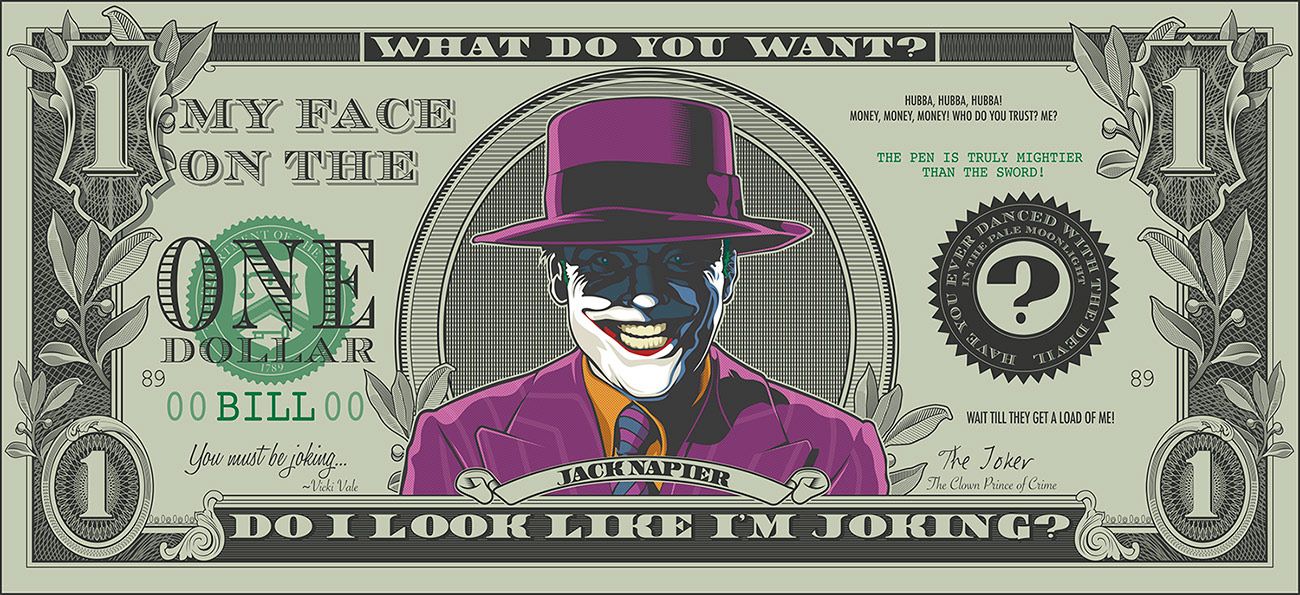 Quarterback reccomend Joker face dollar bill
