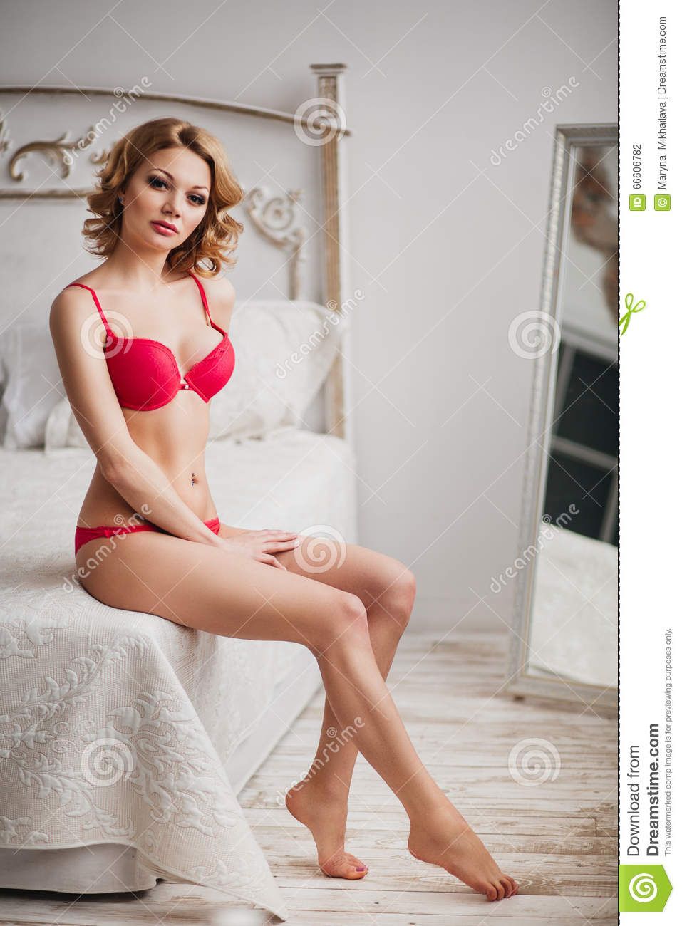 Blonde red lingerie bed