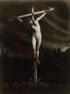 Nude female crucifixion art