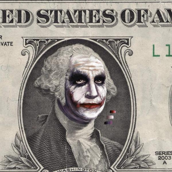Seatbelt reccomend Joker face dollar bill